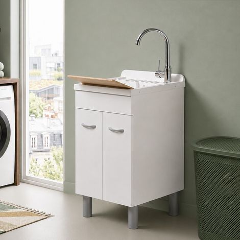 Mobile lavatoio 50x41 cm bianco opaco con due ante e vasca incluso di asse di lavaggio e kit di scarico Medea (1/5)
