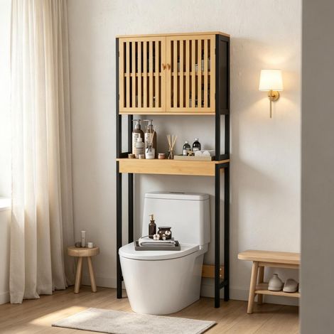 Étagère de salle de bain au-dessus des toilettes, étagère de toilette en bambou avec placard, 2 portes et étagères ouvertes, meuble de rangement pour salle de bain (1/5)