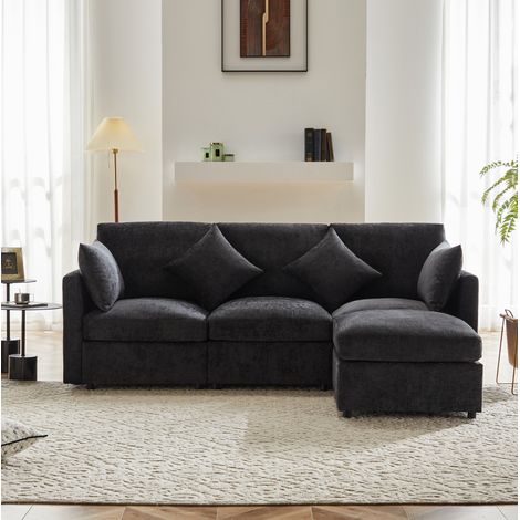Sofá Esquina 216x161x81 Cm Chenilla Gris, Puf Móvil Convertible Silla, 4 Plazas (1/5)