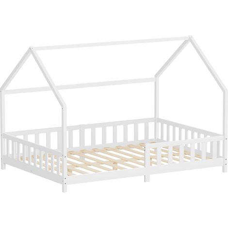 ML-Design Letto a Casetta per Bambini e Ragazzi 140x200 cm, Bianco, con Protezione Anticaduta, Tetto e Rete a Doghe, Struttura Montessori in Legno Massello di Pino, Letto a Terra per Adolescenti