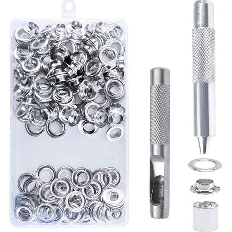 Kit de 100 ojales de 14 mm, herramientas para ojales de metal, kit de ojales con herramientas para reparación de lonas, toldos y tiendas de campaña, color plata.