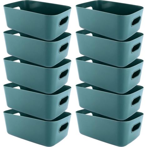 GDHZS- Panier de Rangement Plastique lot de 10, bacs vert foncé 20 x 14 x 7 cm avec poignées, boîtes empilables pour salle de bain, cuisine, bureau, jouets, placard, cellier et maison (1/5)