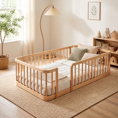 Parque infantil modular estilo escandinavo en madera natural 90x200 cm, paneles de madera de ingeniería, bordes redondeados (1/5)
