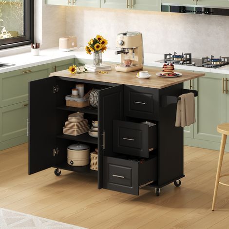 Îlot de Cuisine Mobile 137×43(76)×92 cm – Plateau Chêne Rabattable 76 cm, 3 Tiroirs + 2 Portes, Porte-Serviettes, 5 Roulettes