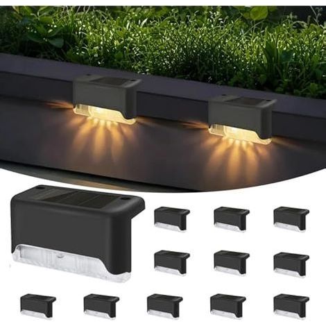 Wasserdichte IP65 Solar-Terrassenleuchten, 12er-Pack Solar-Treppenleuchten – LED-Außenleuchten für Treppen, Zäune, Hof, Terrasse, Garten, Pool und Einfahrt (Schwarz, Warmweiß) (1/5)