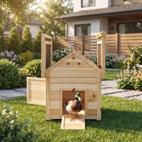 Poulailler en bois pour canards abri pour canards toit ouvrant double porte 78 x 90 x 92 cm effet bois naturel (1/5)