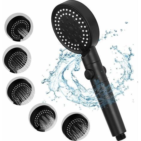 Hochdruck-Handbrausekopf mit 5 Strahlarten, Ein-/Ausschalter, Pausenfunktion, verstopfungsfreien Düsen, Handbrausekopf (Schwarz) (1/4)