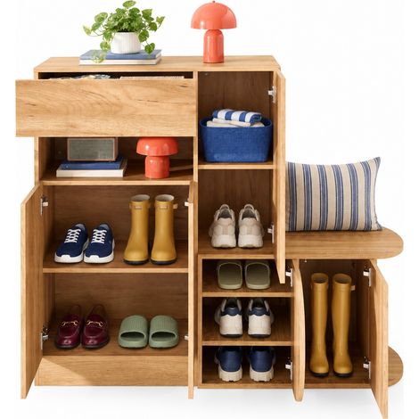 Mobile scarpiera con panca 130x35x110,5 cm in MDF naturale, 5 ante e cassetto per ingresso - CHICFURN (1/5)