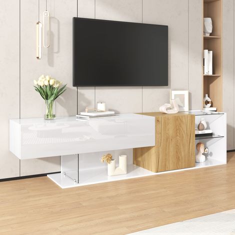 Elegante mobile TV bianco lucido, effetto legno e ripiani in vetro, 2 ante, mobile contenitore dal design minimalista, 180x38x48 cm (1/5)