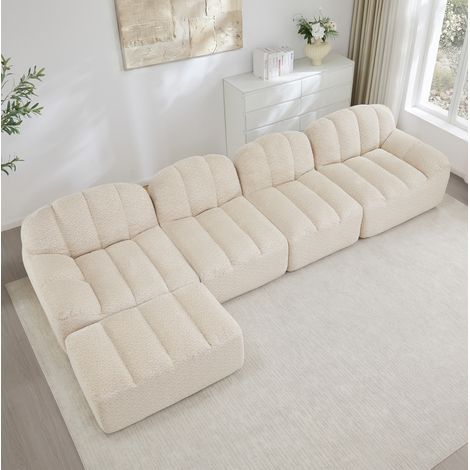 FloraGrace canapé modulaire 4 places avec ottomane,  polaire granulée, beige blanc (1/5)