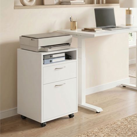 Armoire de bureau avec tiroir, étagère ouverte et roulettes freinées, classeur A4/lettre/legal, meuble de rangement vertical pour étude, 40x35x60 cm, blanc (1/5)