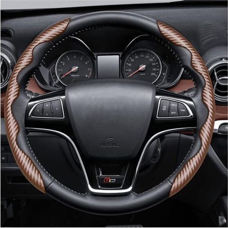 Carbon Fiber Anti-Slip Steering Wheel Cover for Cars, Universal Pro Cover, Breathable and Anti-Slip (Brown) (1/5)