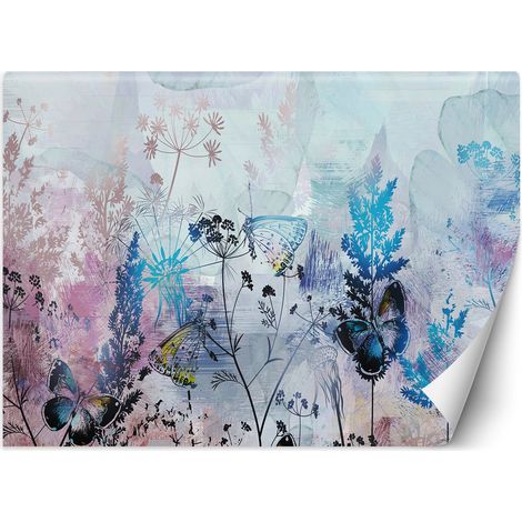 Papier peint Feuilles Fleurs Papillons Bleu Rose 250x175 (1/5)