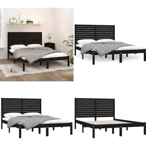 Cadre de lit sans matelas noir 150x200 cm bois massif - Cadre De Lit - Lit Double - Lit En Bois - Lit Massif - Tête De Lit - Home & Living (1/5)