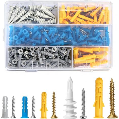 Lot de 350 chevilles pour placoplâtre avec vis pour cloison sèche de différentes tailles, chevilles pour différents matériaux muraux tels que le béton, la brique et le placoplâtre (1/5)