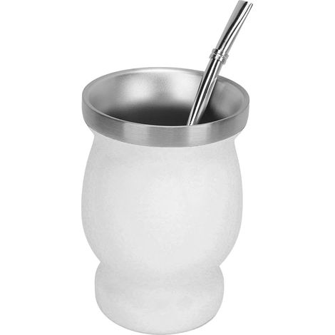 Tasse isotherme en forme de calebasse (230 ml) à double paroi en acier inoxydable avec cuillère, paille et goupillon. Idéale pour le thé, le café et le vin. Blanche. (1/5)