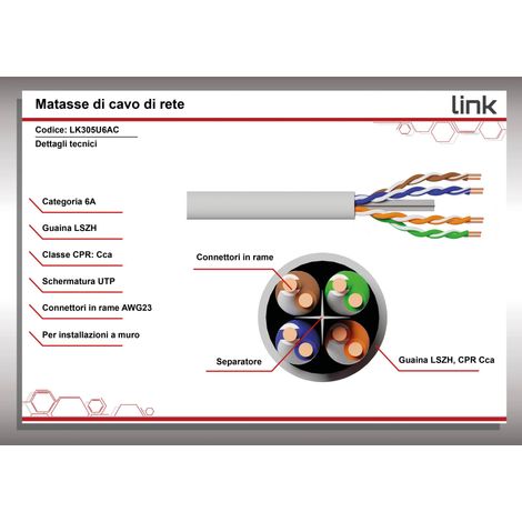 Link Cavo Solido Utp Per Reti Categoria 6a Lszh Awg23 In Rame Matassa Mt 305 Classe Cpr Cca