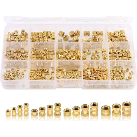Kit de 360 piezas de insertos roscados M2, M3, M4 y M5: tuercas de rosca interna, tuercas rectificadas, tuercas redondas de latón moldeadas por inyección. Kit surtido para moldeo por inyección, impres