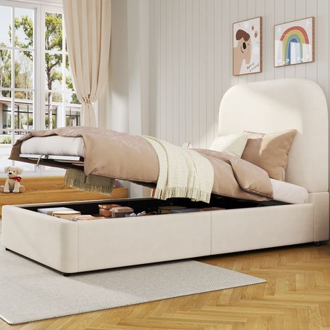 Cama tapizada 90x200 cm de terciopelo beige con almacenaje hidráulico, cabecero acolchado y somier de láminas (1/5)