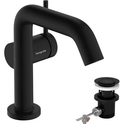 Mitigeur de lavabo avec tirette et vidage, économie d'énergie (CoolStart), Robinet salle de bain avec hauteur sous bec 110mm, économie d'eau (EcoSmart+), Noir mat, 73323670 (1/5)