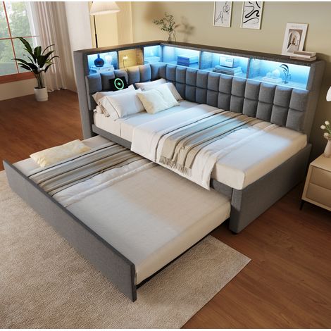 REDOM - Lit gigogne 90x200/90x190 cm avec LED, haut parleur Bluetooth, USB et USB C en lin gris (Sans matelas) (1/5)