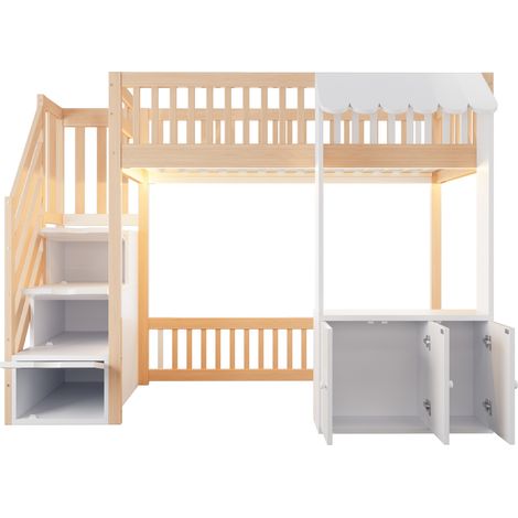 Letto a soppalco 90 x 200 cm con scala contenitore, LED multicolore, color legno, MODENUIT (1/5)