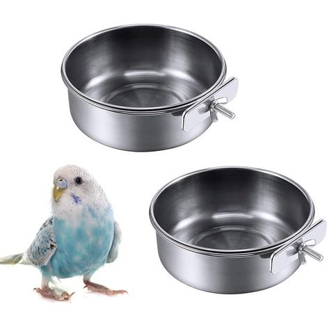 Mangiatoie per uccelli (set da 2 pezzi) Ciotole per cibo e acqua in acciaio inox con clip per pappagalli, pappagalli dalla coda lunga, calopsitte, parrocchetti, (1/5)