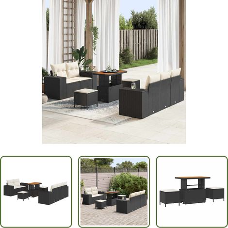 Rattan - Gartensofa-set mit Kissen 8 pcs Schwarz und Creme Poly Rattan (1/5)