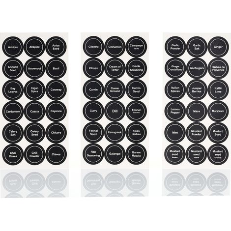 Étiquettes noires pour pots à épices, 35 mm de diamètre, 121 x 241 mm