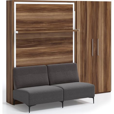 Lit escamotable verticale avec canapé et armoire Marko 140x190-Canapé Rouge-Structure,Façade Chêne blanc (1/5)