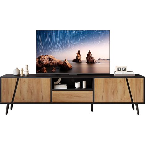 ELVMI TV-Lowboard mit 2 Türen, 1 Schublade und halb offenem Fach, für Wohnzimmer, 180 x 40 x 46 cm, Schwarz und Natur (1/5)