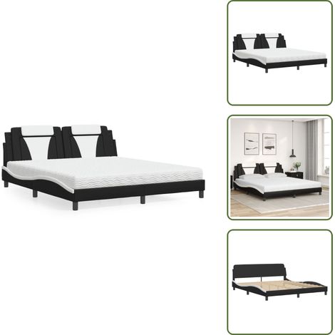 The Living Store Lit avec matelas noir et blanc 180x200 cm similicuir - Lit Double - Lit Confortable - Matelas Mousse - Design Moderne - Cadre Lit Simili Cuir (1/5)