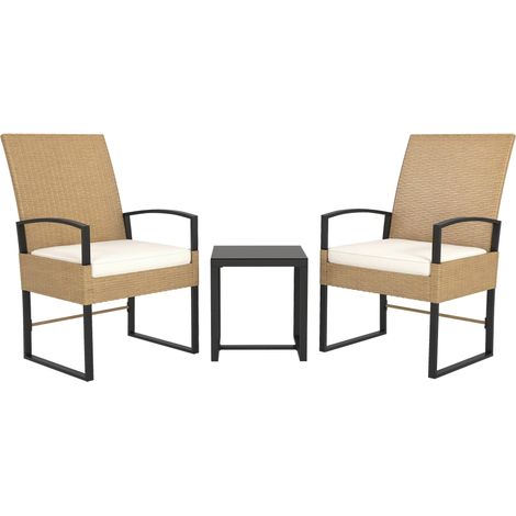 Ensemble de jardin extérieur en rotin 3 pièces avec dossier réglable, coussins rembourrés et plateau en verre beige