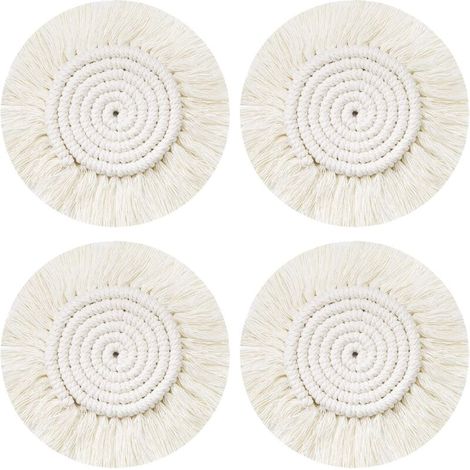 Handgewebte Platzsets, 4-teiliges Set runder, geflochtener Makramee-Untersetzer, Boho-Kaffee-/Bier-/Tassen-/Tischsets (1/4)