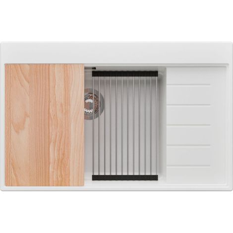 PRIMAGRAN Evier Cuisine en Granit 78x50cm,Lavabo 1 bac + Kit de Vidage + Accessoires, Évier à Encastrer au meuble 60cm - Sydney, Blanc
