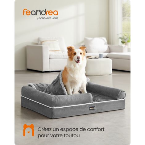 Panier pour Chien Orthopédique, Canapé, Lit pour Animaux, Rembourrage Moelleux, Bords Rehaussés, Housse Amovible et Lavable, 91 x 63 x 18 cm, Antidérapant, Gris Clair
