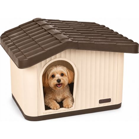 Vounot – Maison pour chat et chien en plastique imperméable 60x51x41cm – Toit incliné amovible – Extérieur et intérieur – Beige