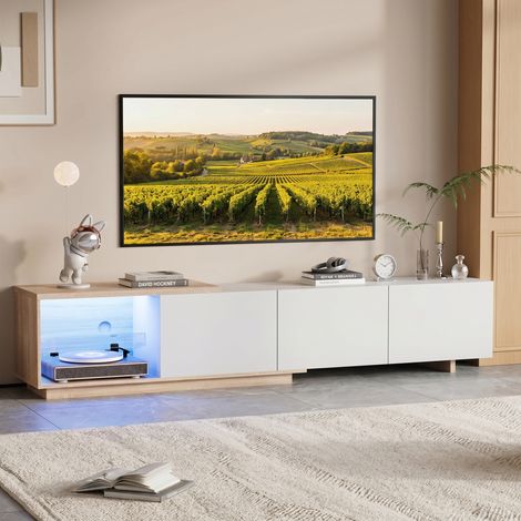 Meuble TV blanc - 3 tiroirs - Éclairage LED - longueur Réglable - cpassage decables - Style moderne (1/5)