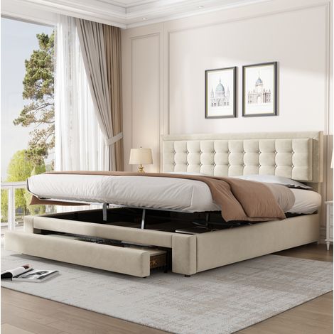 Lit double avec coffre et tiroirs en velours beige 180 x 200 cm sans matelas (1/5)