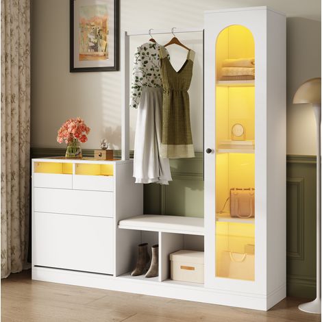Mobile da ingresso 163x35x161 cm in truciolare bianco, soluzione 6 in 1 – MEUBLIV (1/5)
