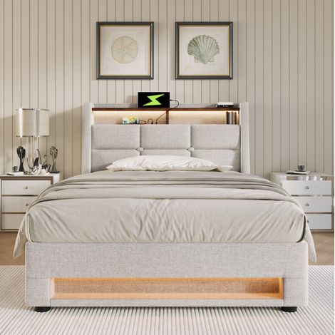 Bett mit Stauraum 90x200 cm, Leinenstoff in Beige, mit LED, USB, Lattenrost und hochklappbarem Bettkasten (1/5)