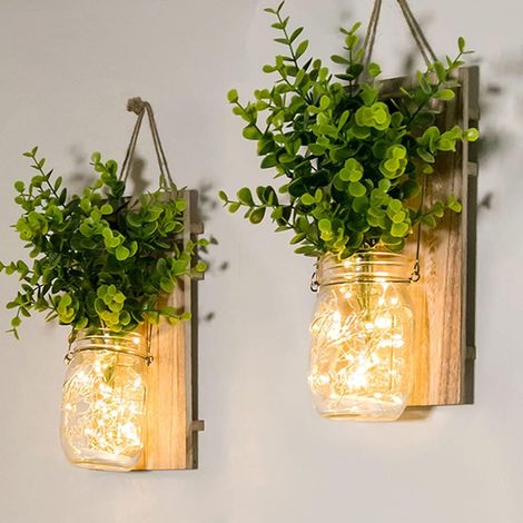 Appliques Murales Rustiques, Fausses Plantes Vertes Suspendues Mason Jar Mur Lumière avec LED Bandes fonctionnant pour la décoration de Noël de Jardin à la Maison(Lot de 2) (Plantes vertes) (1/5)
