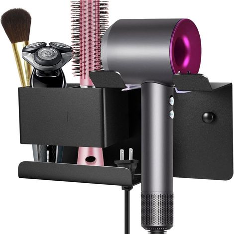Soporte profesional de aluminio para secador y plancha de pelo, para montaje en pared, con almacenamiento de cable. Ideal para tocador o baño. Color negro. (1/5)