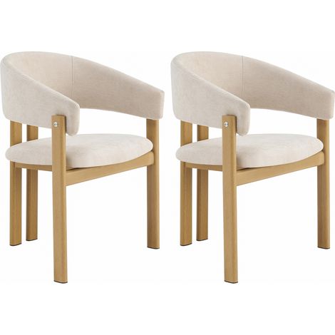 Lot de 2 chaises de salle à manger en lin beige respirant, structure robuste en métal aspect bois avec accoudoirs, charge 150 kg (1/5)