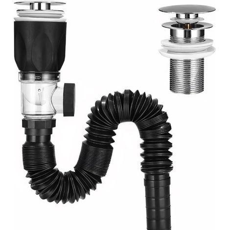 Bathroom sink drain kit with flexible P-shaped hose, integrated anti-clogging drain plug, odor-proof for bathtub, washbasin, kitchen sink (large rebound plug) (1/5)