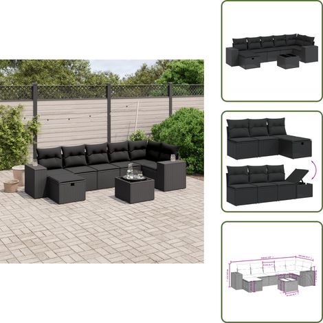 The Living Store 8-tlg. Garten-Sofagarnitur mit Kissen Schwarz Poly Rattan - Gartenmöbel - Esszimmergarnituren - Outdoor-Lounge - Rattanmöbel - Balkonmöbel (1/5)
