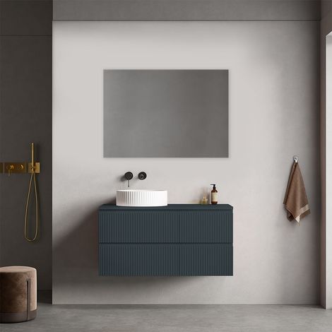 Mobile bagno sospeso cannettato reversibile  100 cm Blu Mare per Lavabo d'appoggio Specchio Quadro - Fiji Paint Top Canneté (1/4)