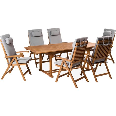 Conjunto de comedor exterior 6 plazas de madera de acacia plegable con cojines gris claro Java Premium