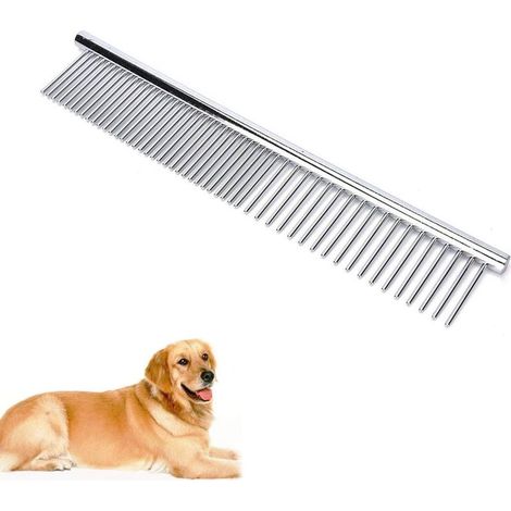 Pettine in acciaio inox per cani a pelo lungo – Denti larghi e stretti – Rimuove nodi e sporco – Massaggio delicato (1/4)