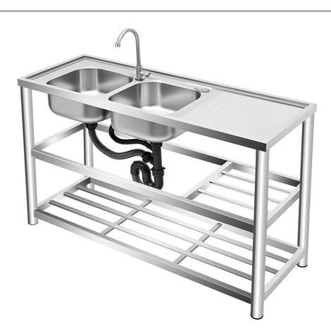 Évier de cuisine autoportant, 2 bols, double évier, Lavabo en acier inoxydable, avec robinet, support et dispositif de vidange, pour l'extérieur, l'intérieur, cuisine, restaurant, 120 x 45 x 80 cm (1/5)